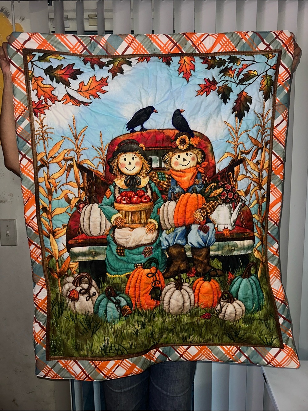 Autumn Harvest Scarecrow Quilt Throw in Orange & Teal
